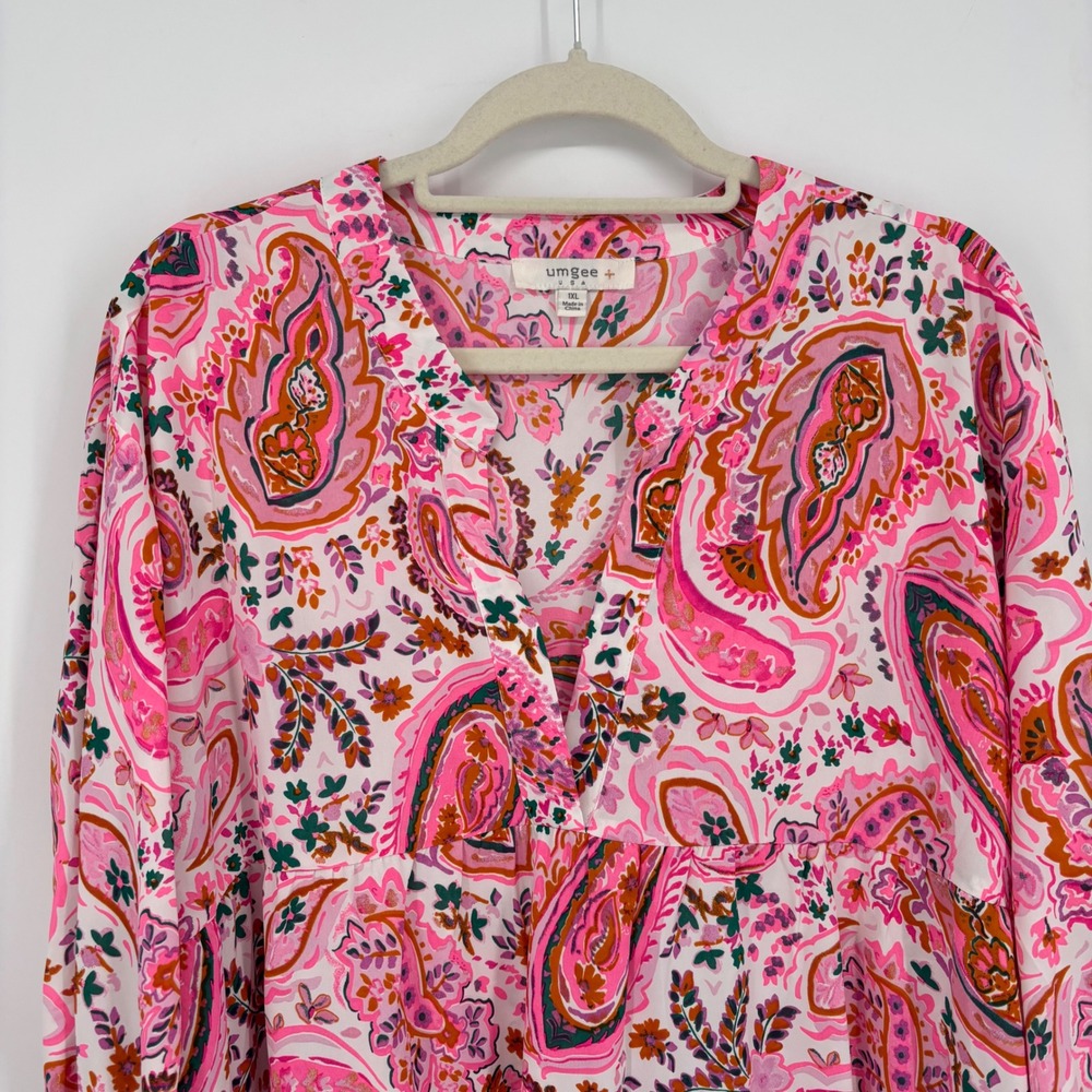 Umgee Pink Paisley Floral Tiered Tunic Top 3/4 Balloon Sleeve Plus Size 1XL - Picture 4 of 8